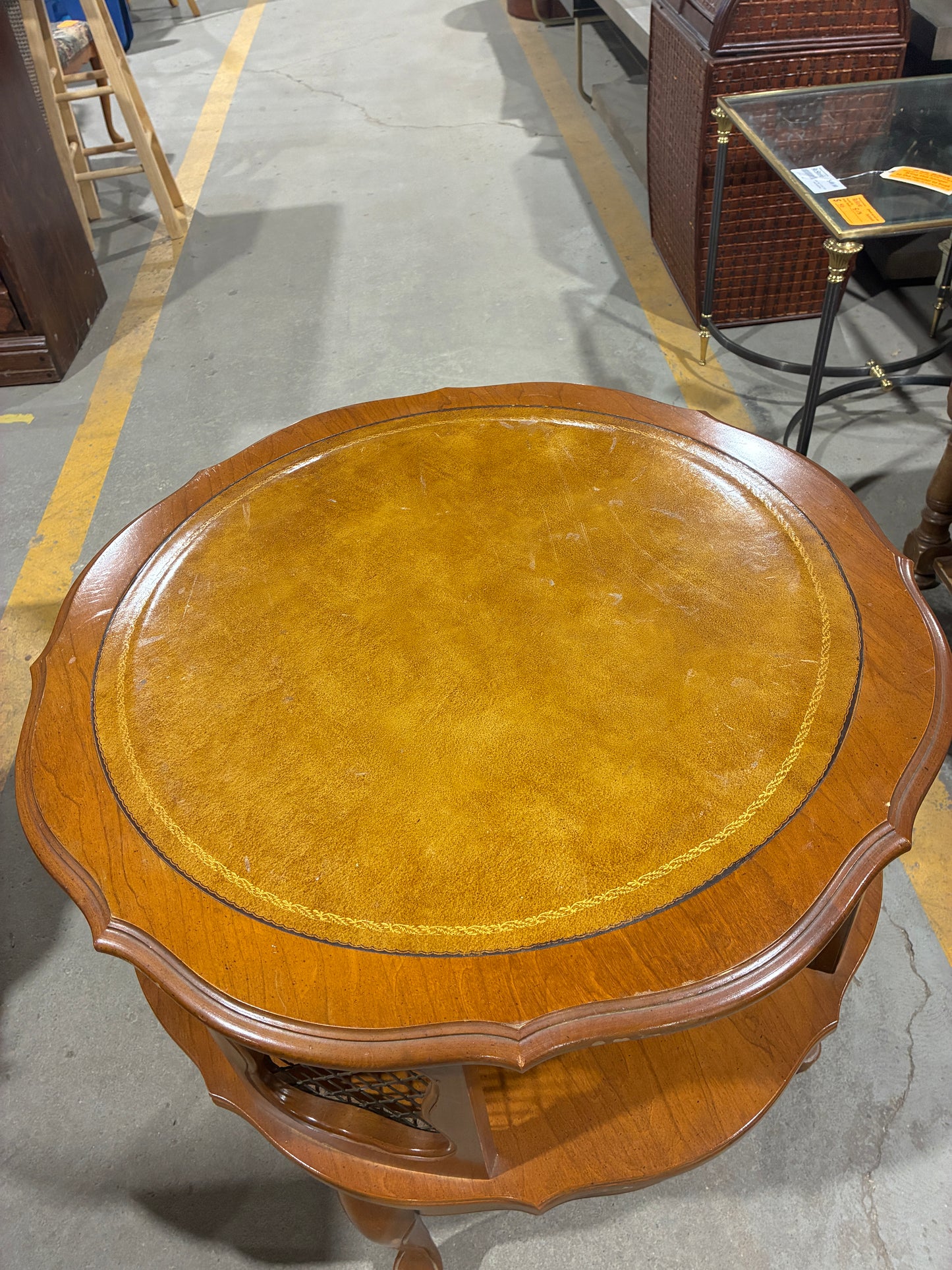 Traditional Wood Lamp Table with Leather-Style Inlay