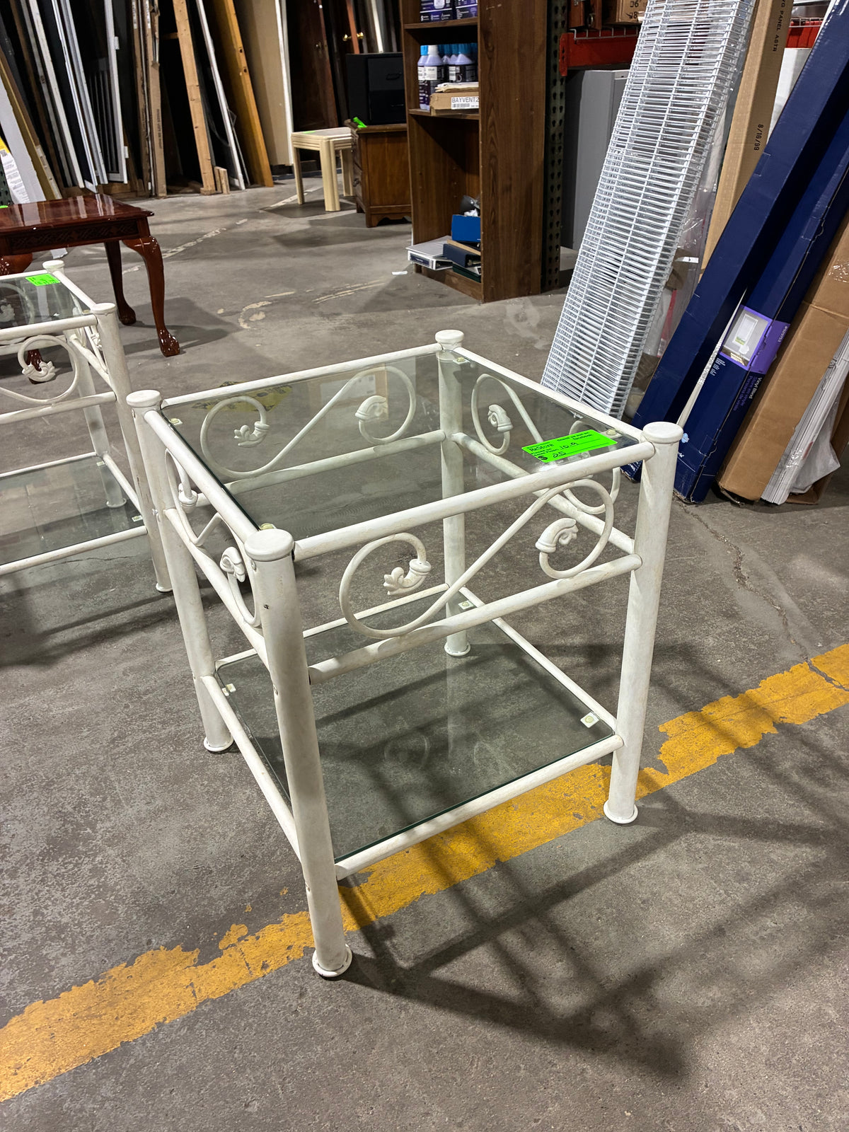 White Wrought Iron Accent Table with Glass Shelves