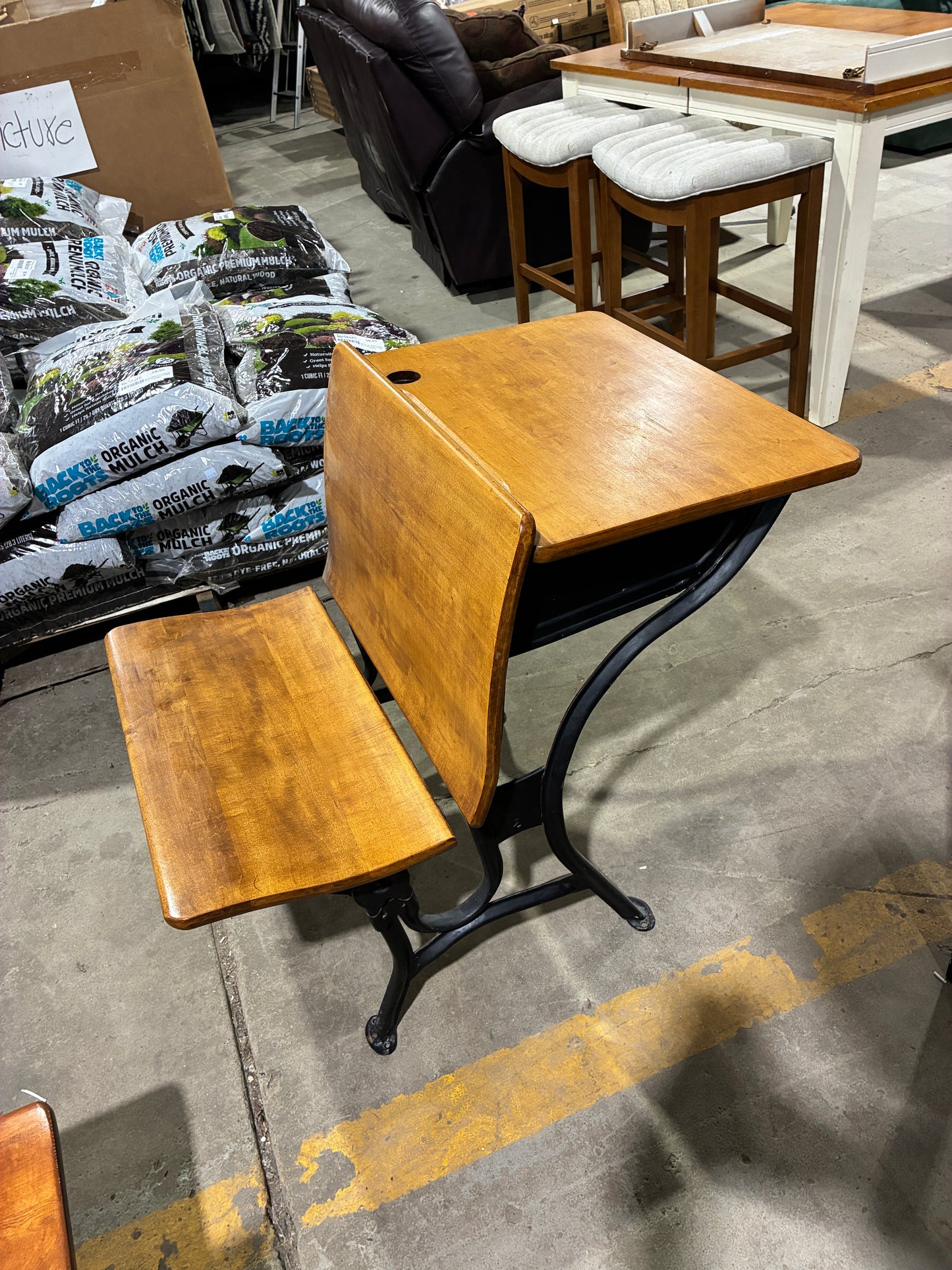 Vintage Wooden School Desk with Attached Bench #2
