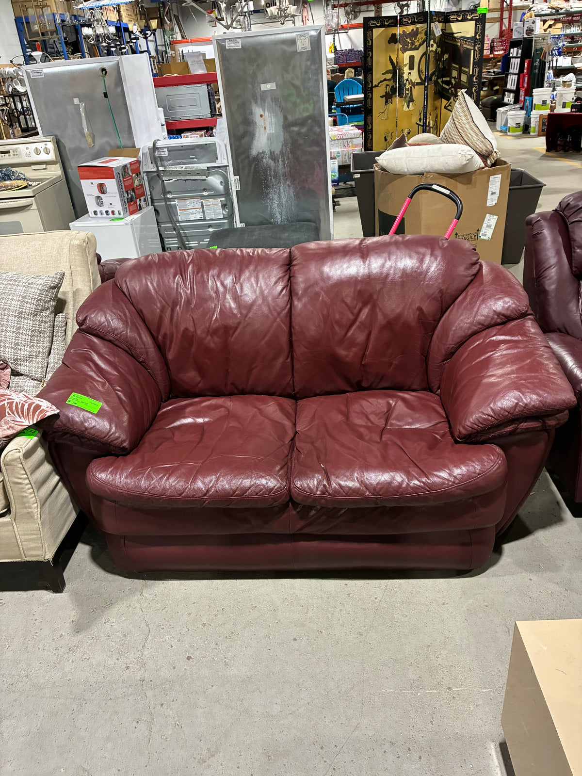 Burgundy Leather Two-Seat Loveseat with Plush Padded Arms
